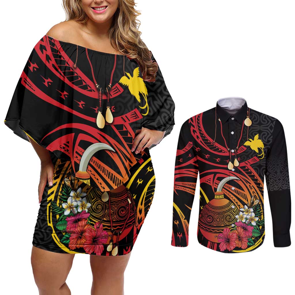 Personalized Milne Bay Couples Matching Off Shoulder Short Dress and Long Sleeve Button Shirt PNG Lime Pot with Oro Tapa