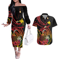 Personalized Milne Bay Couples Matching Off The Shoulder Long Sleeve Dress and Hawaiian Shirt PNG Lime Pot with Oro Tapa