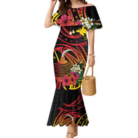 Personalized Milne Bay Family Matching Mermaid Dress and Hawaiian Shirt PNG Lime Pot with Oro Tapa LT7 Mom's Dress Black - Polynesian Pride