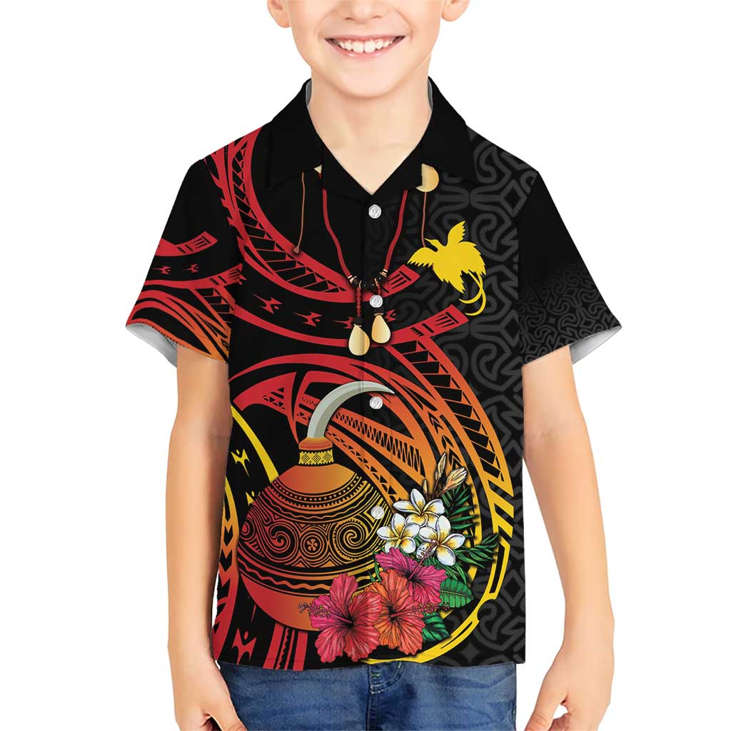 Personalized Milne Bay Family Matching Short Sleeve Bodycon Dress and Hawaiian Shirt PNG Lime Pot with Oro Tapa LT7 Son's Shirt Black - Polynesian Pride