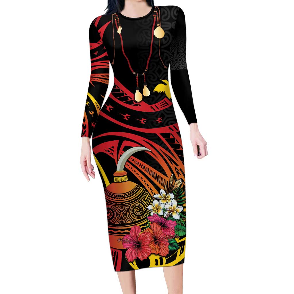 Personalized Milne Bay Long Sleeve Bodycon Dress PNG Lime Pot with Oro Tapa