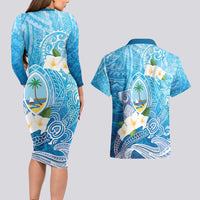 Hafa Adai Guam Chamorro Personalized Couples Matching Long Sleeve Bodycon Dress and Hawaiian Shirt Ocean Blue Latte Stone with Guasali - Polynesian Pride