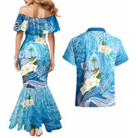 Hafa Adai Guam Chamorro Personalized Couples Matching Mermaid Dress and Hawaiian Shirt Ocean Blue Latte Stone with Guasali - Polynesian Pride