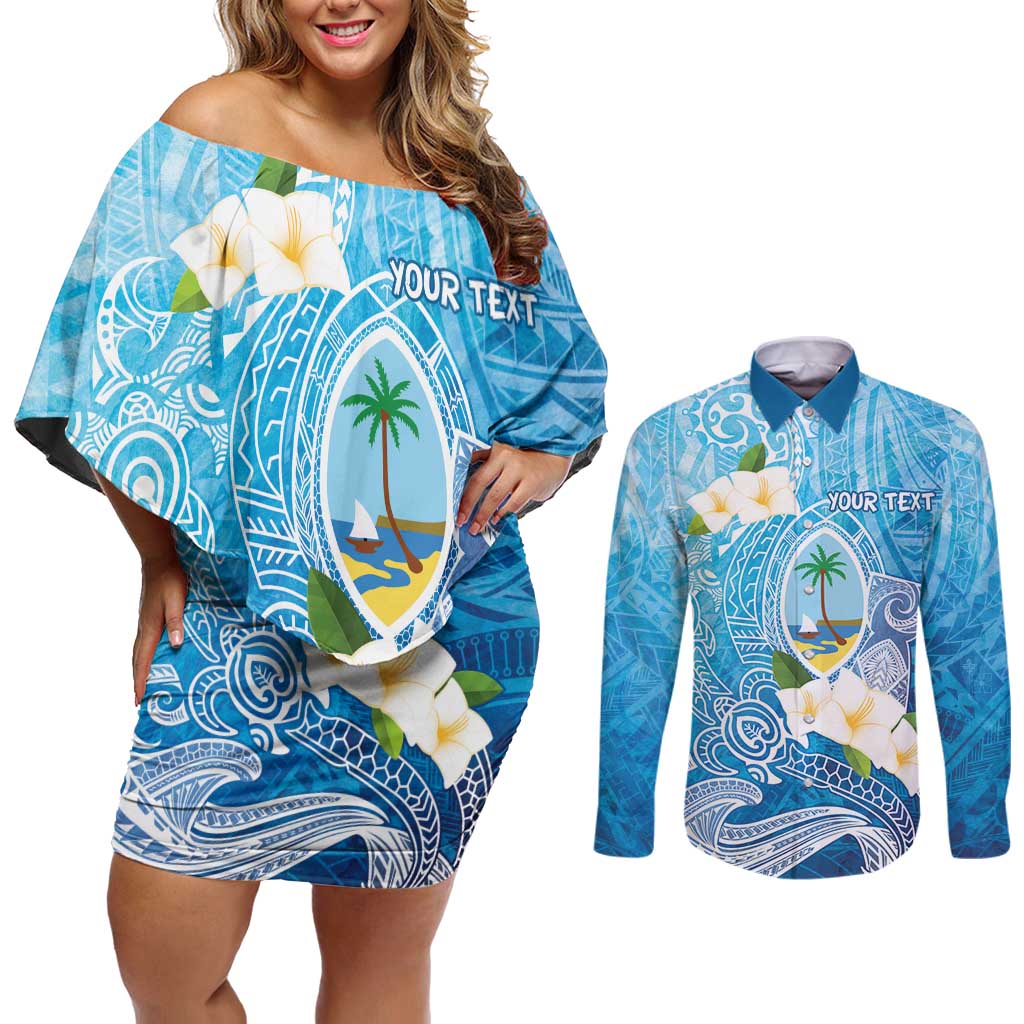Hafa Adai Guam Chamorro Personalized Couples Matching Off Shoulder Short Dress and Long Sleeve Button Shirt Ocean Blue Latte Stone with Guasali - Polynesian Pride