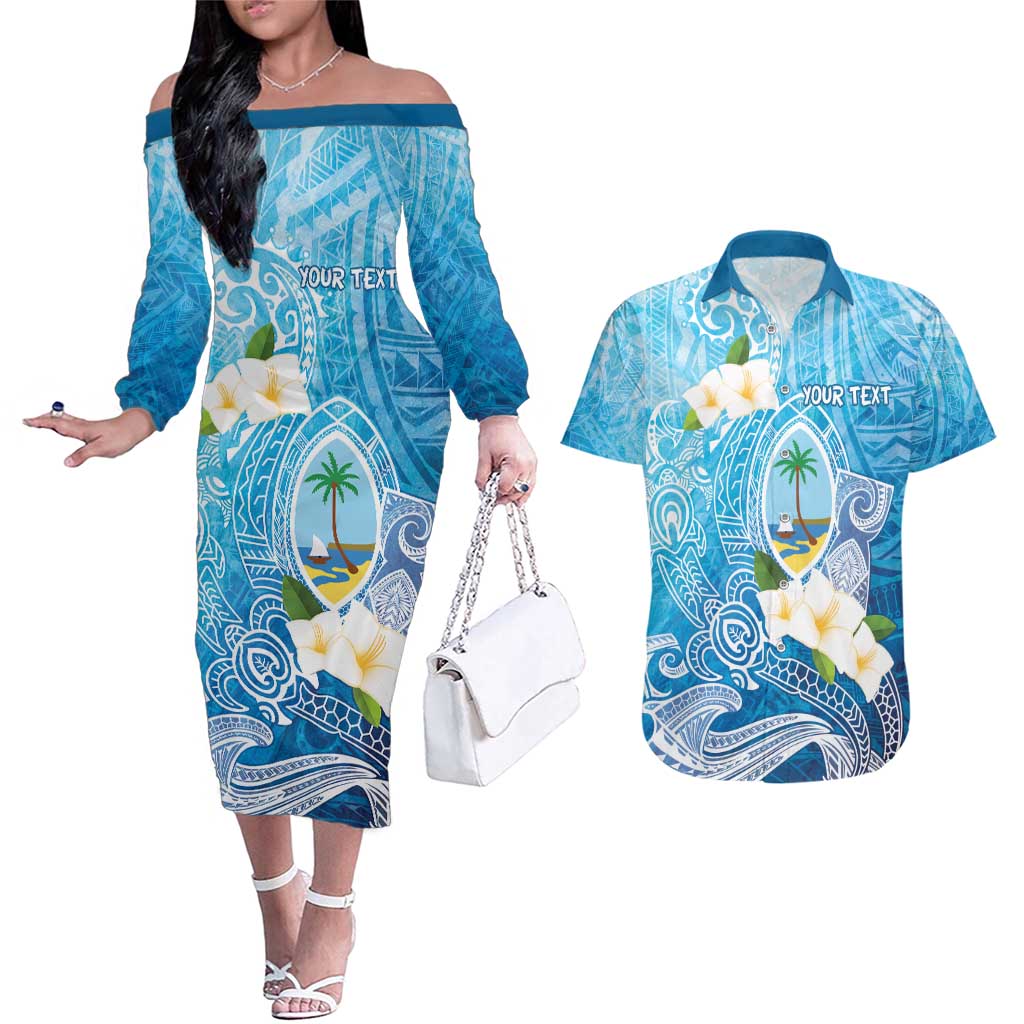 Hafa Adai Guam Chamorro Personalized Couples Matching Off The Shoulder Long Sleeve Dress and Hawaiian Shirt Ocean Blue Latte Stone with Guasali - Polynesian Pride