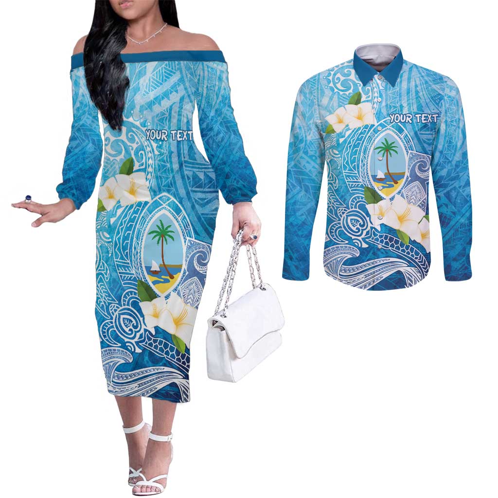 Hafa Adai Guam Chamorro Personalized Couples Matching Off The Shoulder Long Sleeve Dress and Long Sleeve Button Shirt Ocean Blue Latte Stone with Guasali - Polynesian Pride