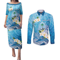Hafa Adai Guam Chamorro Personalized Couples Matching Puletasi and Long Sleeve Button Shirt Ocean Blue Latte Stone with Guasali - Polynesian Pride