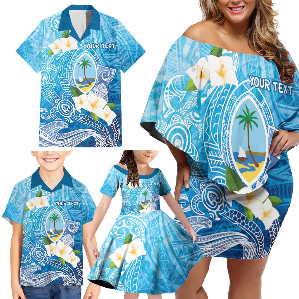 Hafa Adai Guam Chamorro Personalized Family Matching Off Shoulder Short Dress and Hawaiian Shirt Ocean Blue Latte Stone with Guasali LT7 - Polynesian Pride