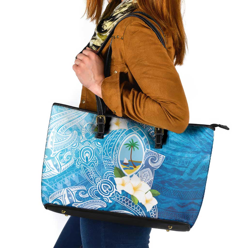 Hafa Adai Guam Chamorro Personalized Leather Tote Bag Ocean Blue Latte Stone with Guasali - Polynesian Pride
