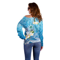 Hafa Adai Guam Chamorro Personalized Off Shoulder Sweater Ocean Blue Latte Stone with Guasali - Polynesian Pride