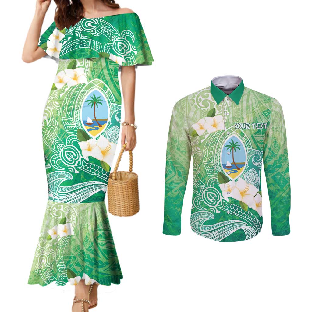 Hafa Adai Guam Chamorro Personalized Couples Matching Mermaid Dress and Long Sleeve Button Shirt Summer Green Latte Stone with Guasali - Polynesian Pride