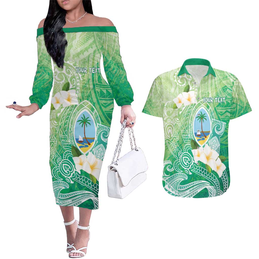 Hafa Adai Guam Chamorro Personalized Couples Matching Off The Shoulder Long Sleeve Dress and Hawaiian Shirt Summer Green Latte Stone with Guasali - Polynesian Pride