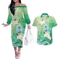Hafa Adai Guam Chamorro Personalized Couples Matching Off The Shoulder Long Sleeve Dress and Hawaiian Shirt Summer Green Latte Stone with Guasali - Polynesian Pride