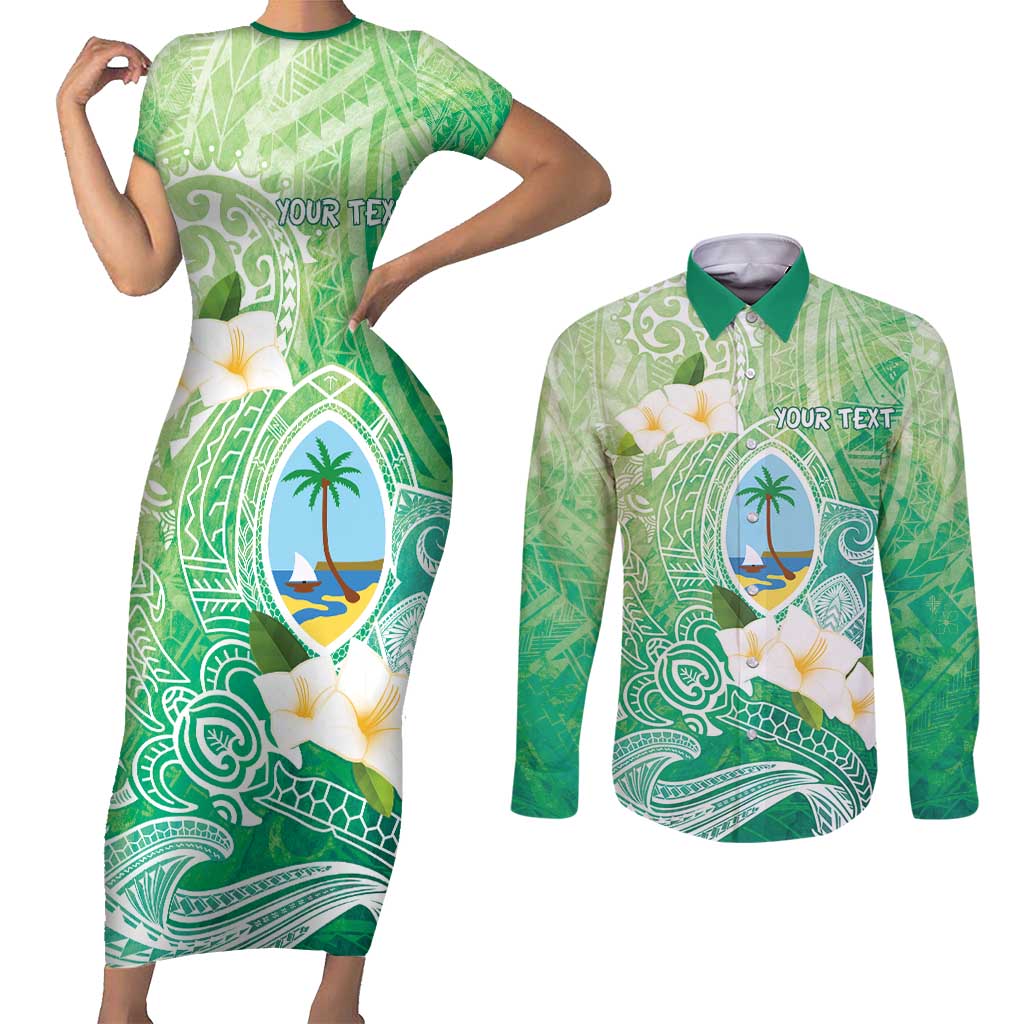 Hafa Adai Guam Chamorro Personalized Couples Matching Short Sleeve Bodycon Dress and Long Sleeve Button Shirt Summer Green Latte Stone with Guasali - Polynesian Pride