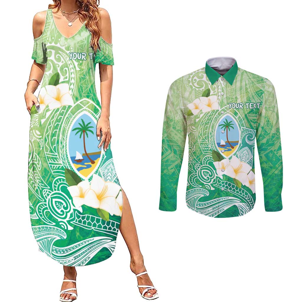 Hafa Adai Guam Chamorro Personalized Couples Matching Summer Maxi Dress and Long Sleeve Button Shirt Summer Green Latte Stone with Guasali - Polynesian Pride