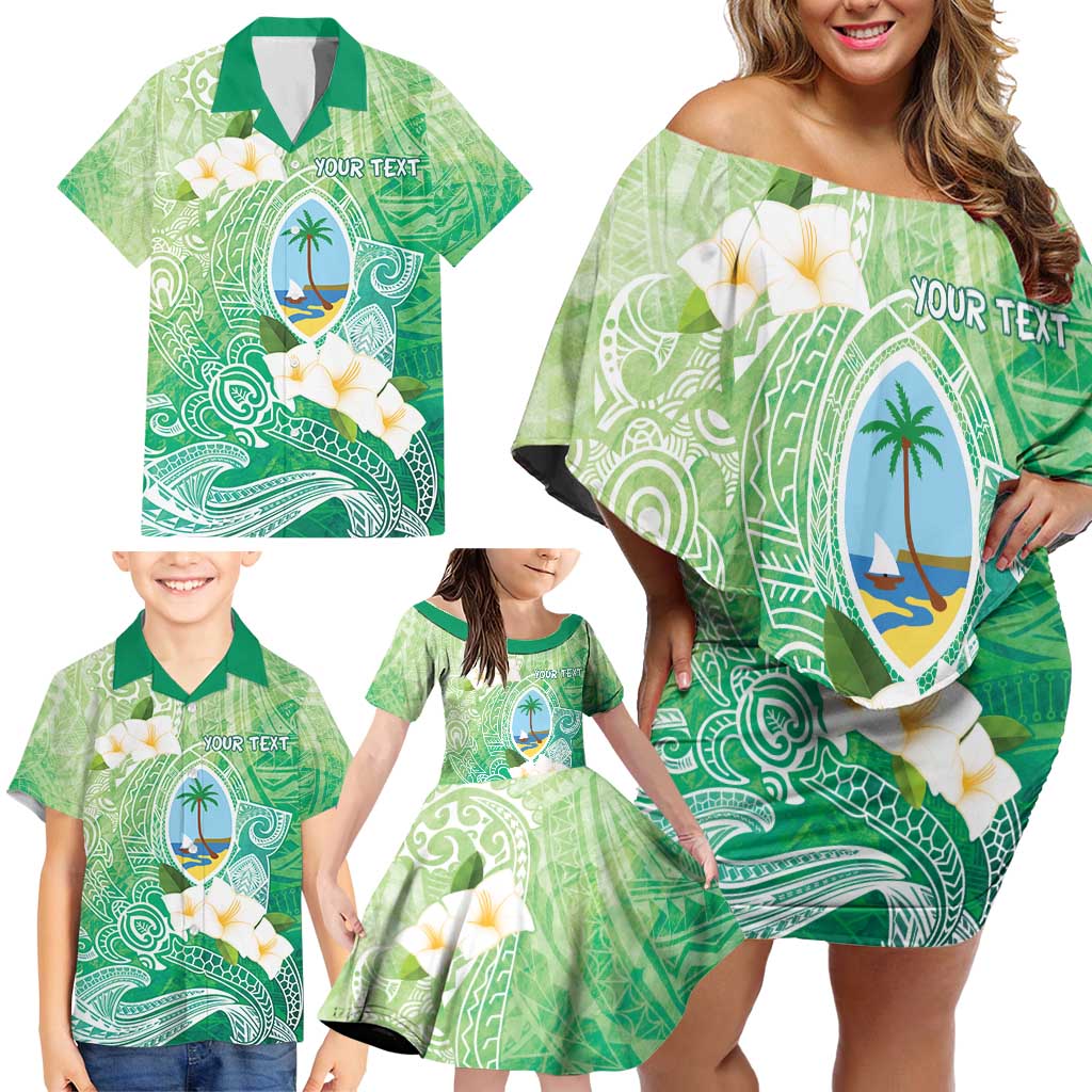 Hafa Adai Guam Chamorro Personalized Family Matching Off Shoulder Short Dress and Hawaiian Shirt Summer Green Latte Stone with Guasali LT7 - Polynesian Pride