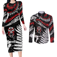 New Zealand Maori Rugby Personalised Couples Matching Long Sleeve Bodycon Dress and Long Sleeve Button Shirt Ta Moko Silver Fern