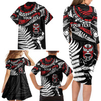 New Zealand Maori Rugby Personalised Family Matching Long Sleeve Bodycon Dress and Hawaiian Shirt Ta Moko Silver Fern LT7 - Polynesian Pride