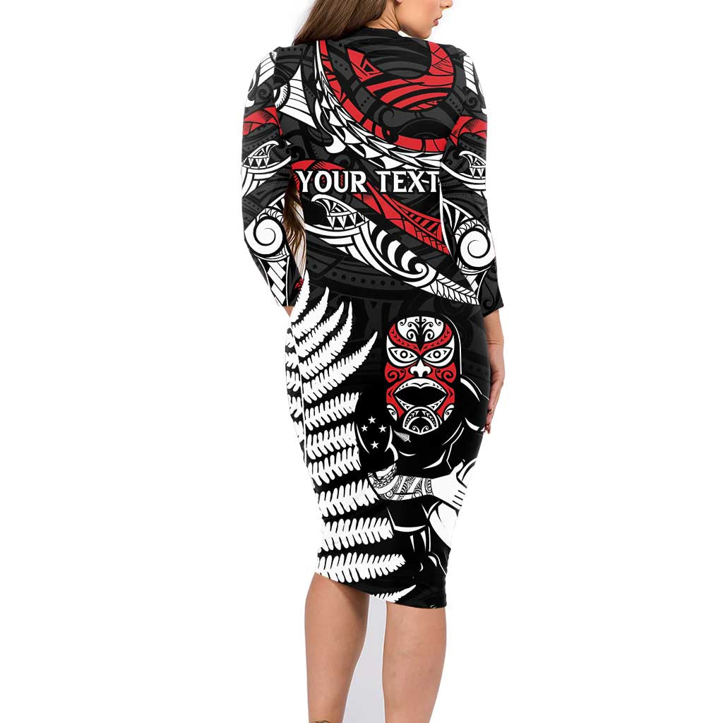 New Zealand Maori Rugby Personalised Family Matching Long Sleeve Bodycon Dress and Hawaiian Shirt Ta Moko Silver Fern LT7 - Polynesian Pride