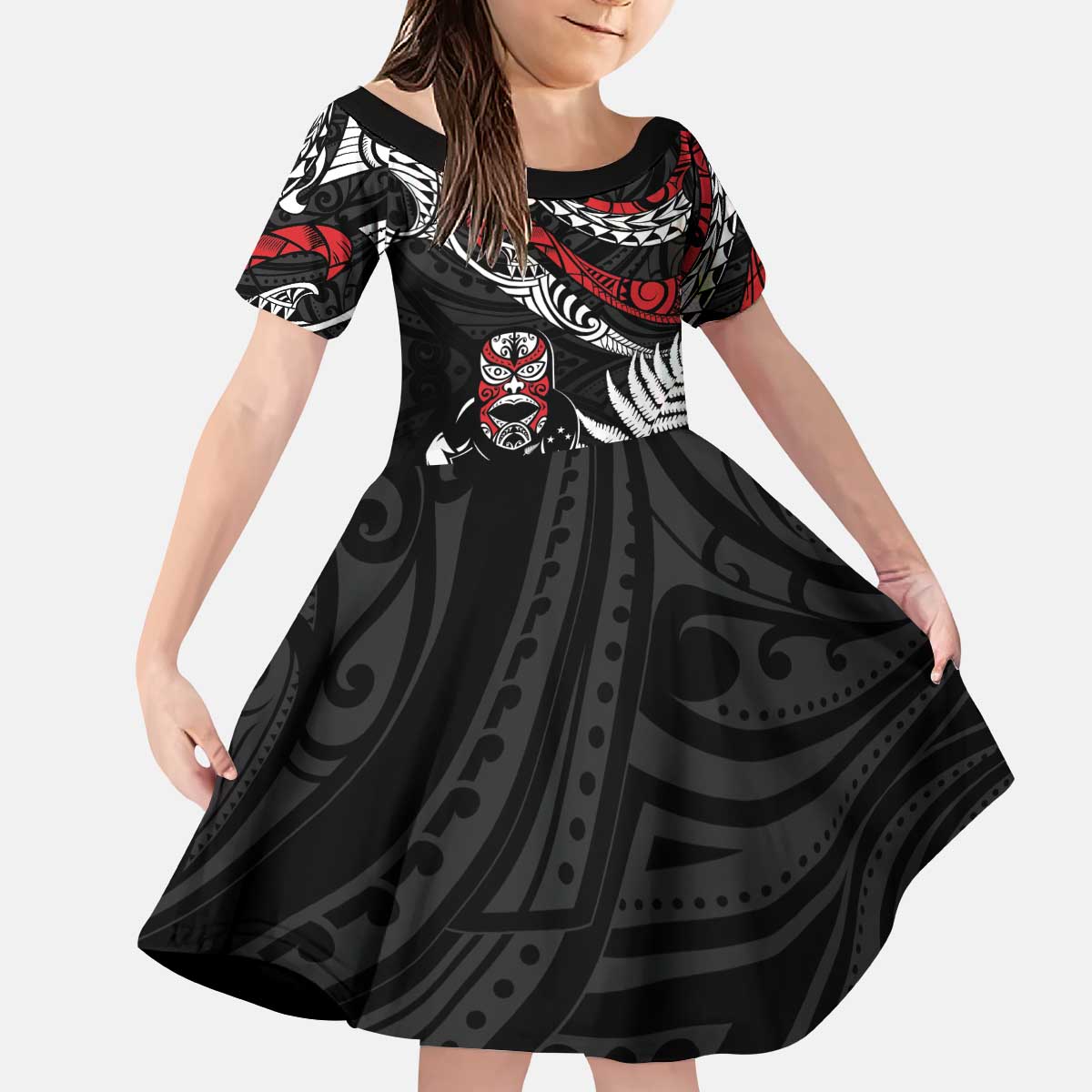 New Zealand Maori Rugby Personalised Family Matching Puletasi and Hawaiian Shirt Ta Moko Silver Fern LT7 Daughter's Dress Black - Polynesian Pride