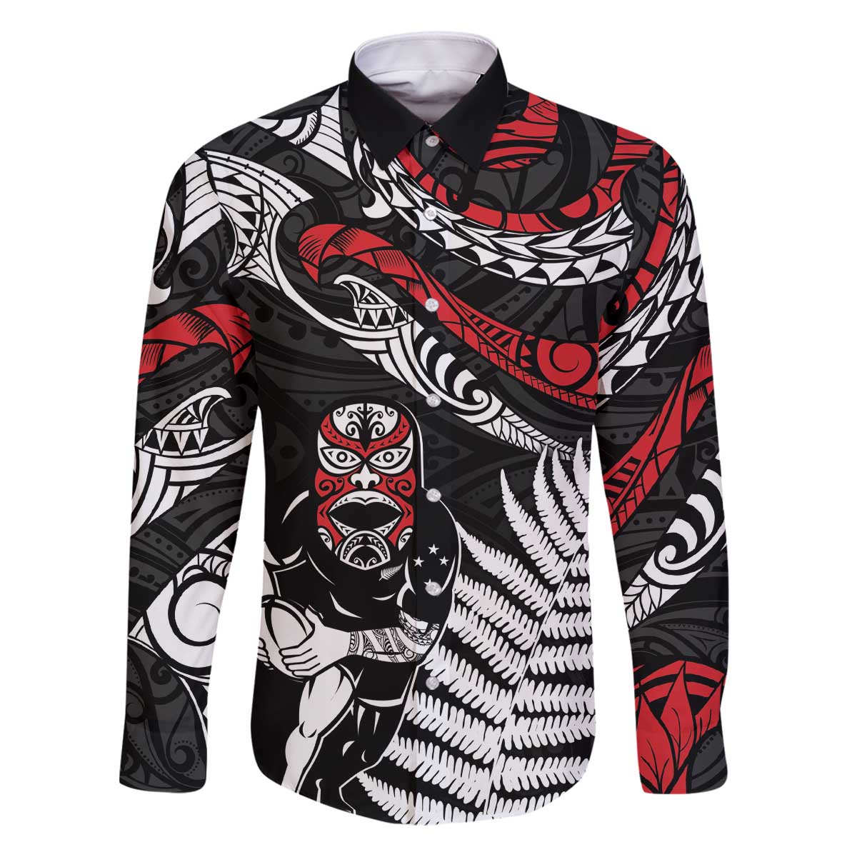 New Zealand Maori Rugby Personalised Family Matching Puletasi and Hawaiian Shirt Ta Moko Silver Fern LT7 Dad's Shirt - Long Sleeve Black - Polynesian Pride