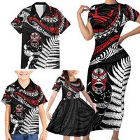 New Zealand Maori Rugby Personalised Family Matching Short Sleeve Bodycon Dress and Hawaiian Shirt Ta Moko Silver Fern LT7 - Polynesian Pride
