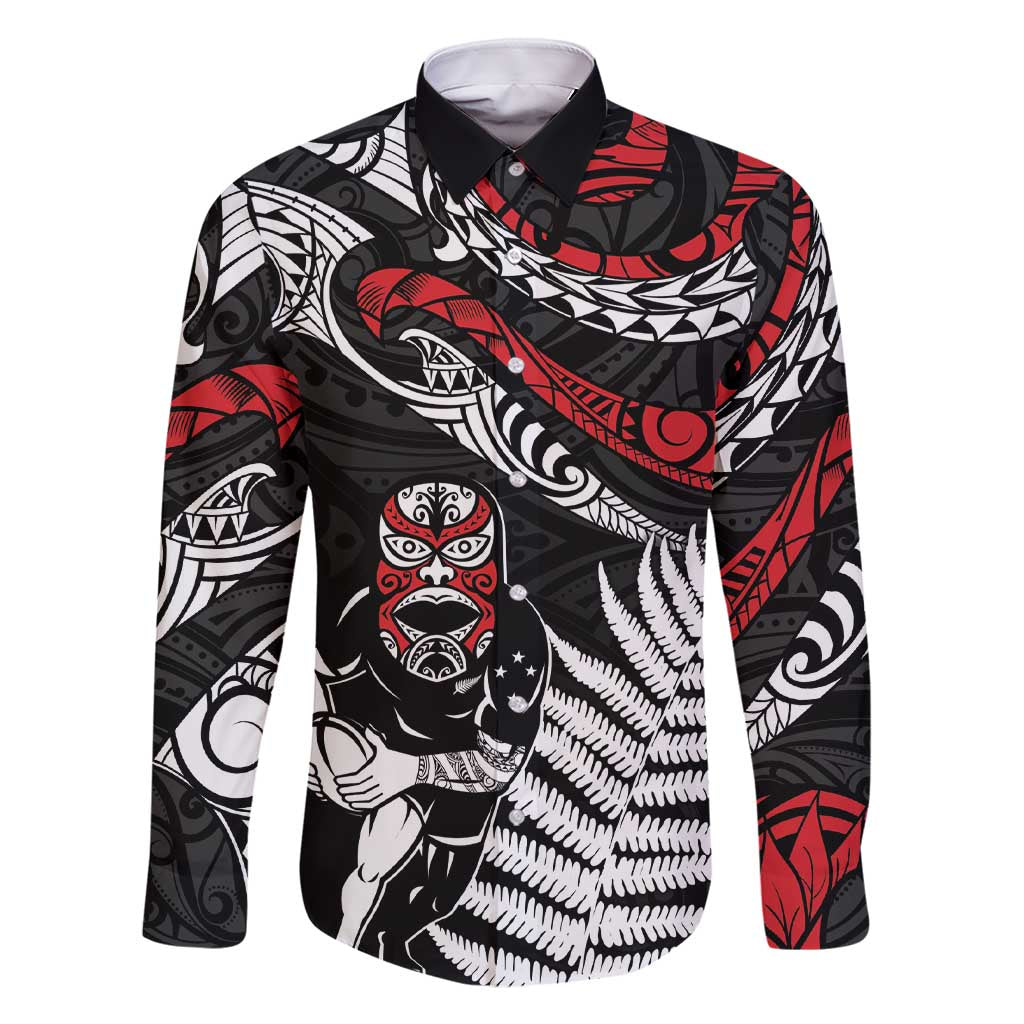 New Zealand Maori Rugby Personalised Family Matching Short Sleeve Bodycon Dress and Hawaiian Shirt Ta Moko Silver Fern LT7 Dad's Shirt - Long Sleeve Black - Polynesian Pride