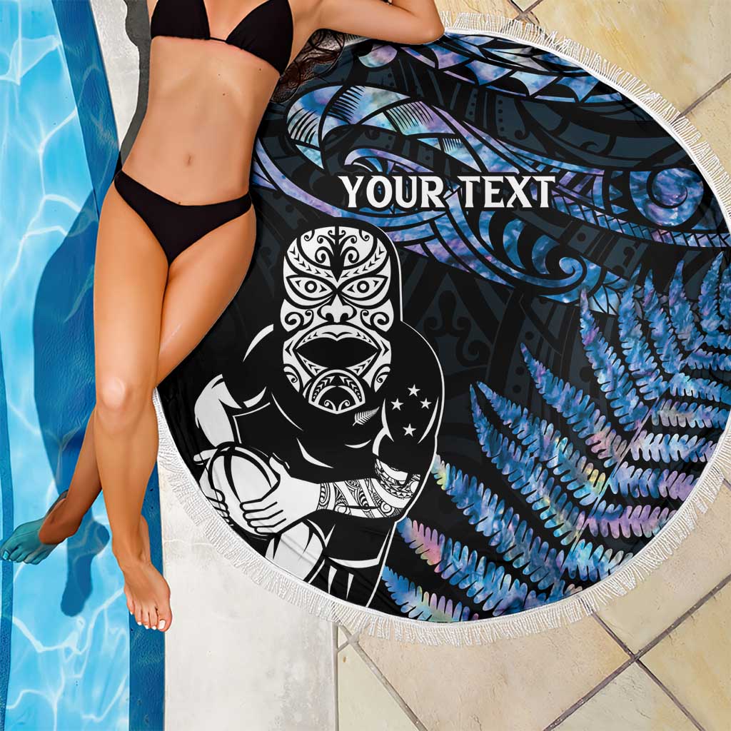 New Zealand Maori Rugby Personalised Beach Blanket Ta Moko Silver Fern - Paua Blue