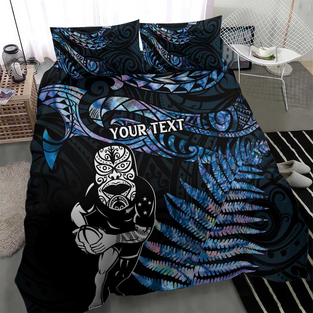 New Zealand Maori Rugby Personalised Bedding Set Ta Moko Silver Fern - Paua Blue