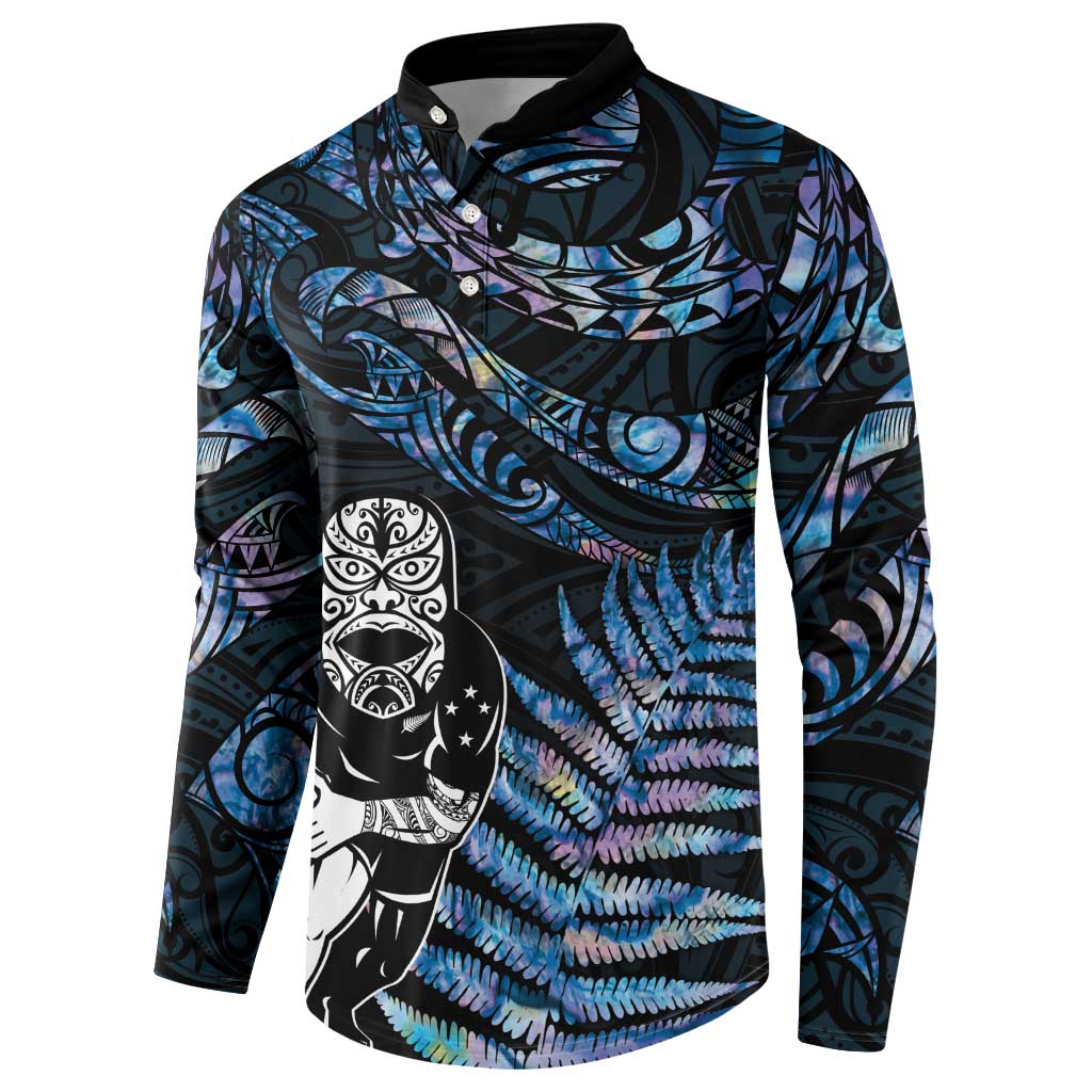 New Zealand Maori Rugby Personalised Button Sweatshirt Ta Moko Silver Fern - Paua Blue