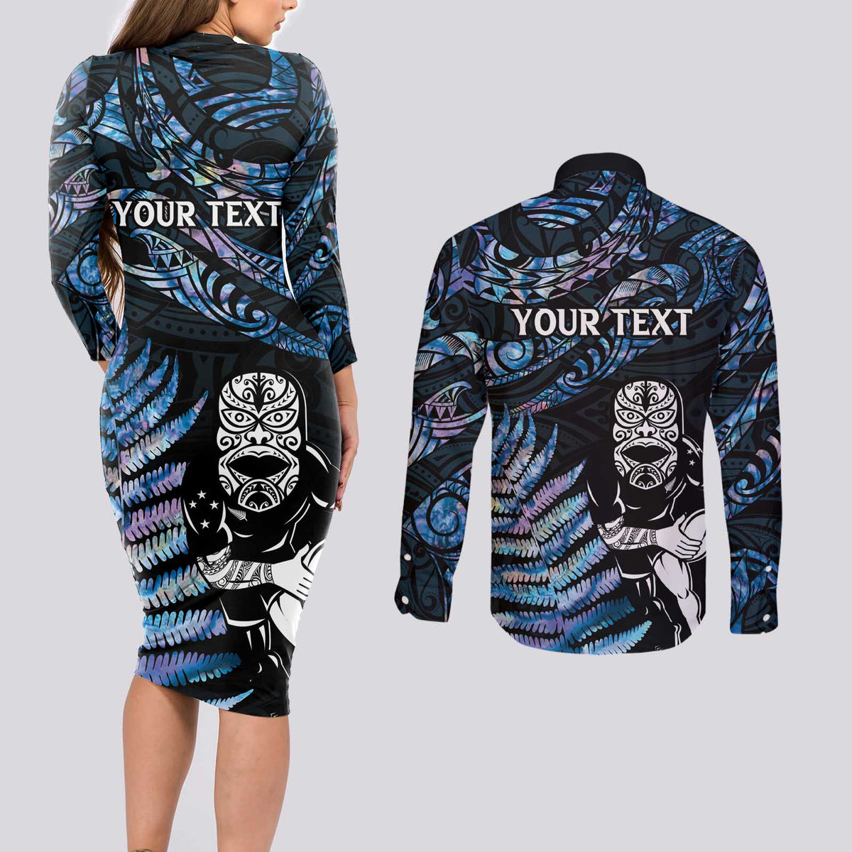 New Zealand Maori Rugby Personalised Couples Matching Long Sleeve Bodycon Dress and Long Sleeve Button Shirt Ta Moko Silver Fern - Paua Blue