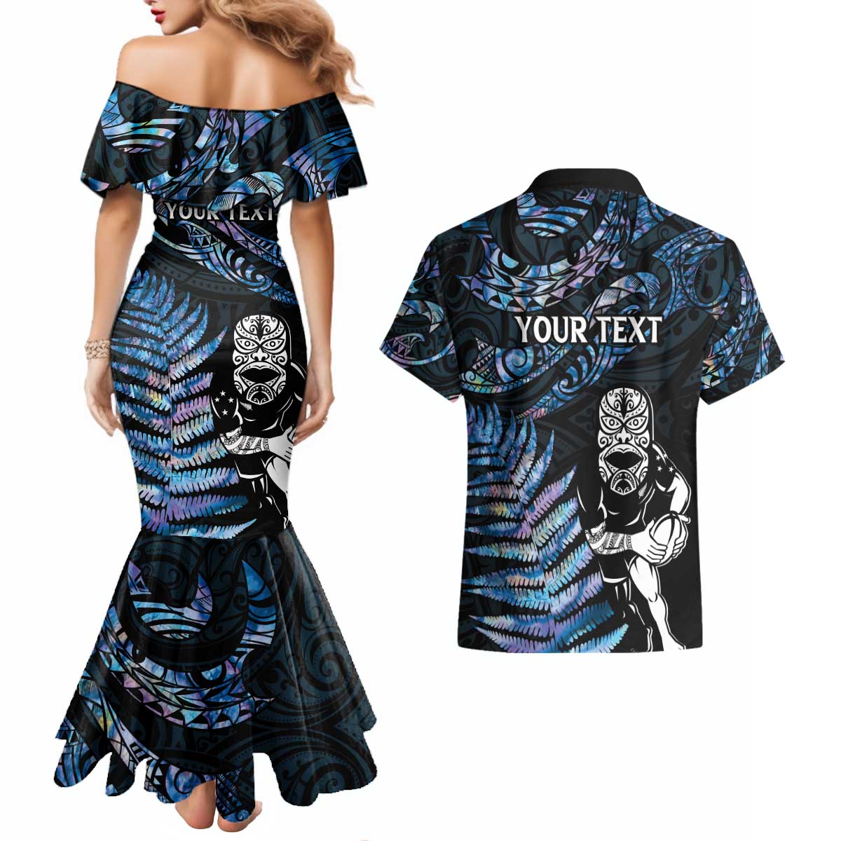 New Zealand Maori Rugby Personalised Couples Matching Mermaid Dress and Hawaiian Shirt Ta Moko Silver Fern - Paua Blue
