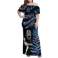 New Zealand Maori Rugby Personalised Family Matching Off Shoulder Maxi Dress and Hawaiian Shirt Ta Moko Silver Fern - Paua Blue