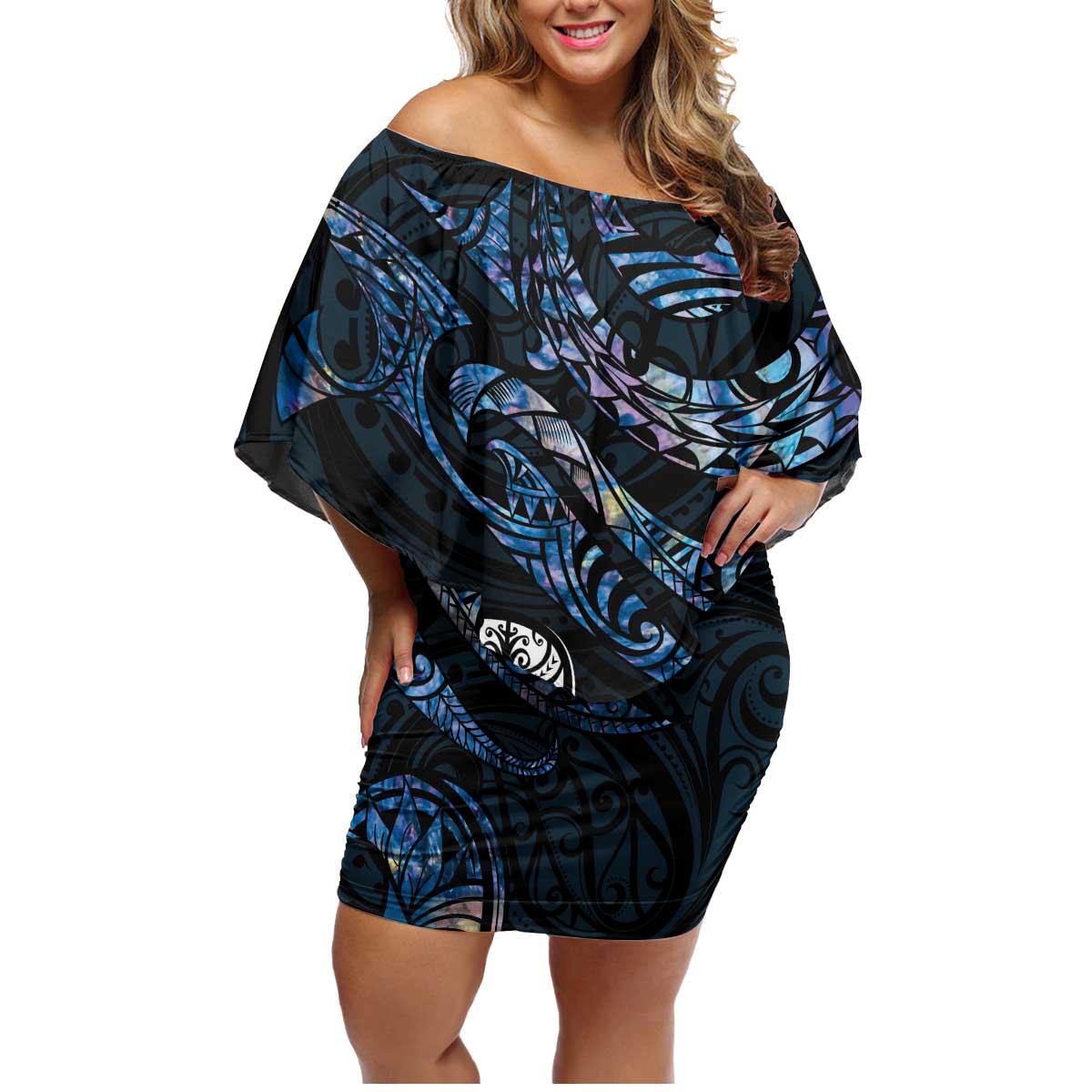 New Zealand Maori Rugby Personalised Family Matching Off Shoulder Short Dress and Hawaiian Shirt Ta Moko Silver Fern - Paua Blue