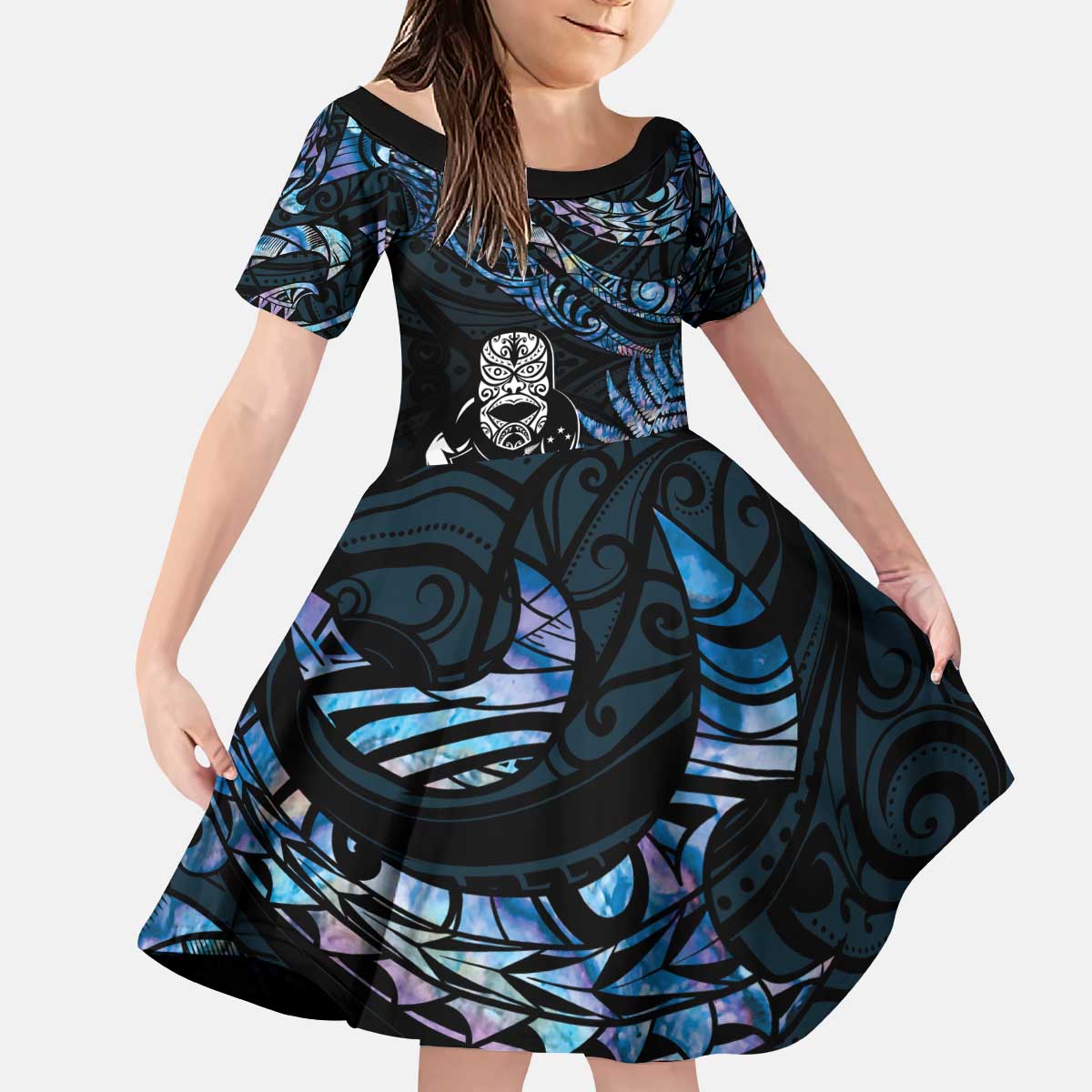 New Zealand Maori Rugby Personalised Family Matching Puletasi and Hawaiian Shirt Ta Moko Silver Fern - Paua Blue LT7 Daughter's Dress Blue - Polynesian Pride