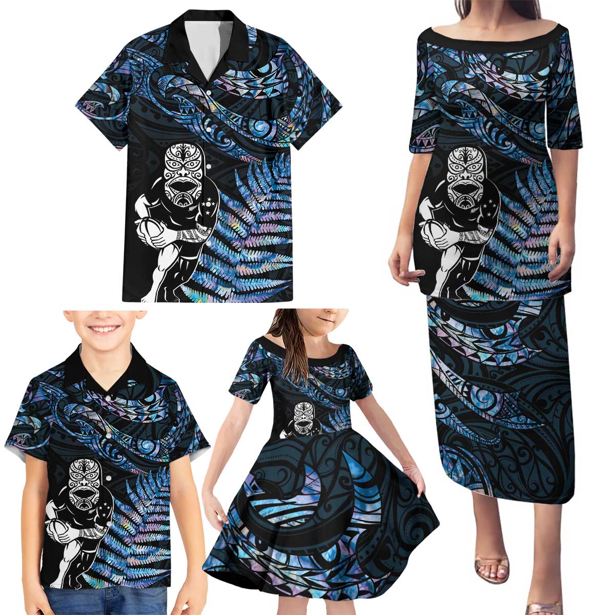New Zealand Maori Rugby Personalised Family Matching Puletasi and Hawaiian Shirt Ta Moko Silver Fern - Paua Blue LT7 - Polynesian Pride