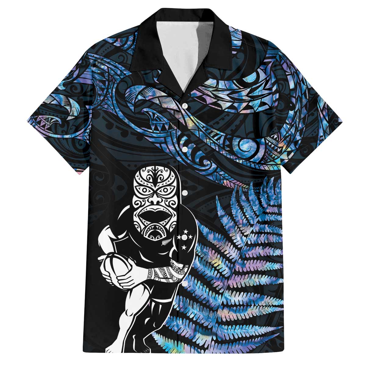 New Zealand Maori Rugby Personalised Family Matching Puletasi and Hawaiian Shirt Ta Moko Silver Fern - Paua Blue LT7 Dad's Shirt - Short Sleeve Blue - Polynesian Pride