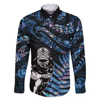 New Zealand Maori Rugby Personalised Family Matching Puletasi and Hawaiian Shirt Ta Moko Silver Fern - Paua Blue LT7 Dad's Shirt - Long Sleeve Blue - Polynesian Pride