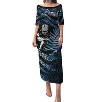 New Zealand Maori Rugby Personalised Family Matching Puletasi and Hawaiian Shirt Ta Moko Silver Fern - Paua Blue LT7 Mom's Dress Blue - Polynesian Pride