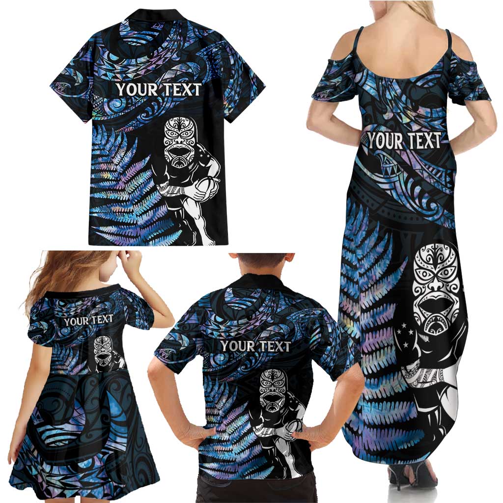 New Zealand Maori Rugby Personalised Family Matching Summer Maxi Dress and Hawaiian Shirt Ta Moko Silver Fern - Paua Blue
