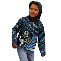 New Zealand Maori Rugby Personalised Kid Hoodie Ta Moko Silver Fern - Paua Blue