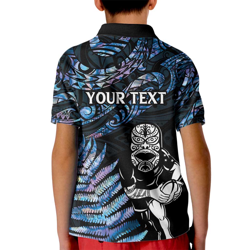 New Zealand Maori Rugby Personalised Kid Polo Shirt Ta Moko Silver Fern - Paua Blue