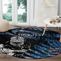 New Zealand Maori Rugby Personalised Round Carpet Ta Moko Silver Fern - Paua Blue
