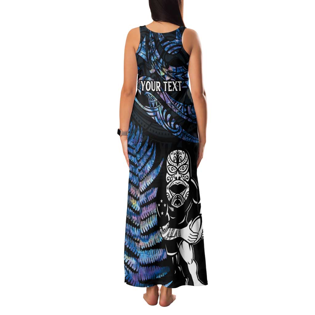 New Zealand Maori Rugby Personalised Tank Maxi Dress Ta Moko Silver Fern - Paua Blue
