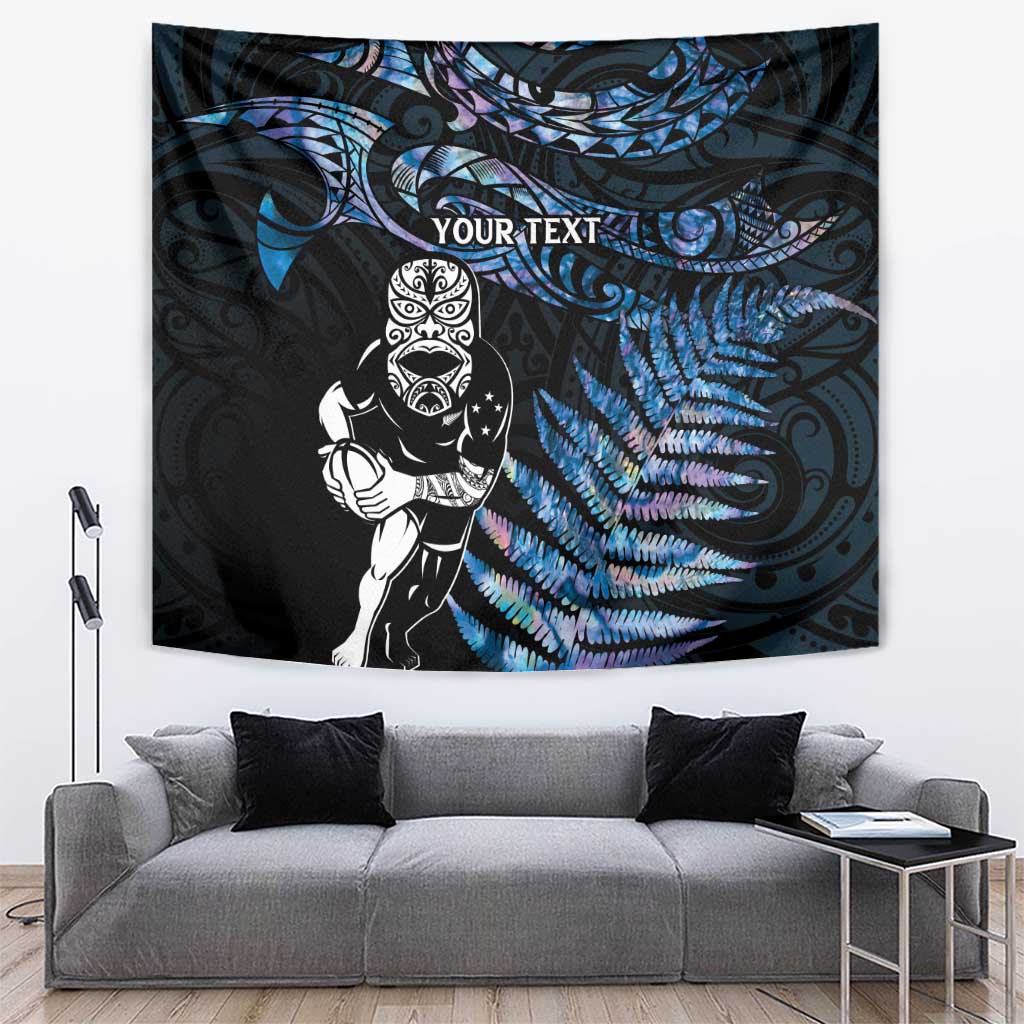 New Zealand Maori Rugby Personalised Tapestry Ta Moko Silver Fern - Paua Blue