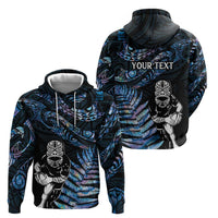New Zealand Maori Rugby Personalised Zip Hoodie Ta Moko Silver Fern - Paua Blue LT7 - Polynesian Pride