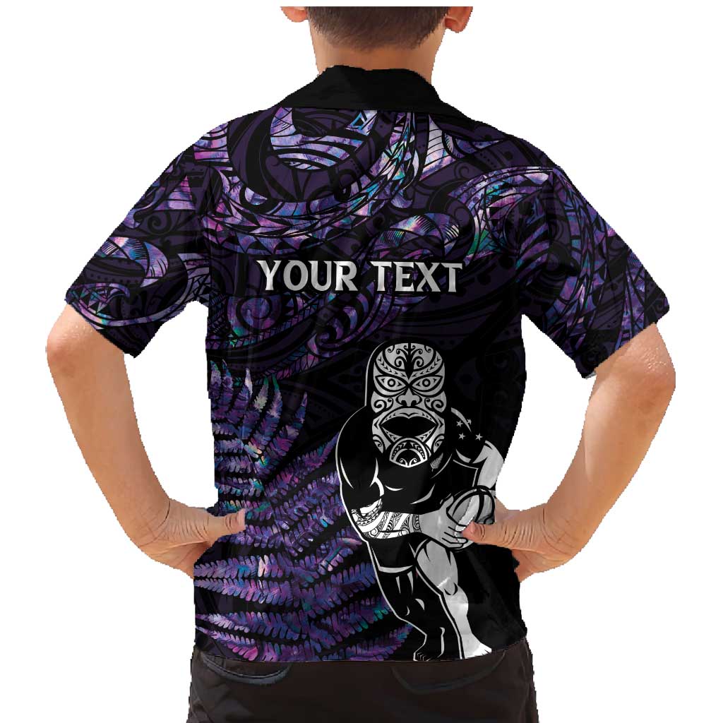 New Zealand Maori Rugby Personalised Family Matching Mermaid Dress and Hawaiian Shirt Ta Moko Silver Fern - Paua Purple LT7 - Polynesian Pride