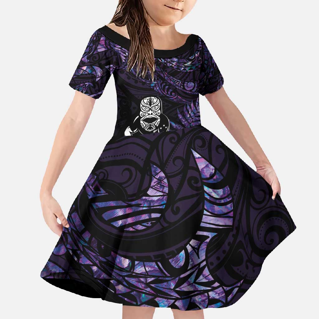 New Zealand Maori Rugby Personalised Family Matching Mermaid Dress and Hawaiian Shirt Ta Moko Silver Fern - Paua Purple LT7 Daughter's Dress Purple - Polynesian Pride