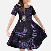 New Zealand Maori Rugby Personalised Family Matching Mermaid Dress and Hawaiian Shirt Ta Moko Silver Fern - Paua Purple LT7 Daughter's Dress Purple - Polynesian Pride