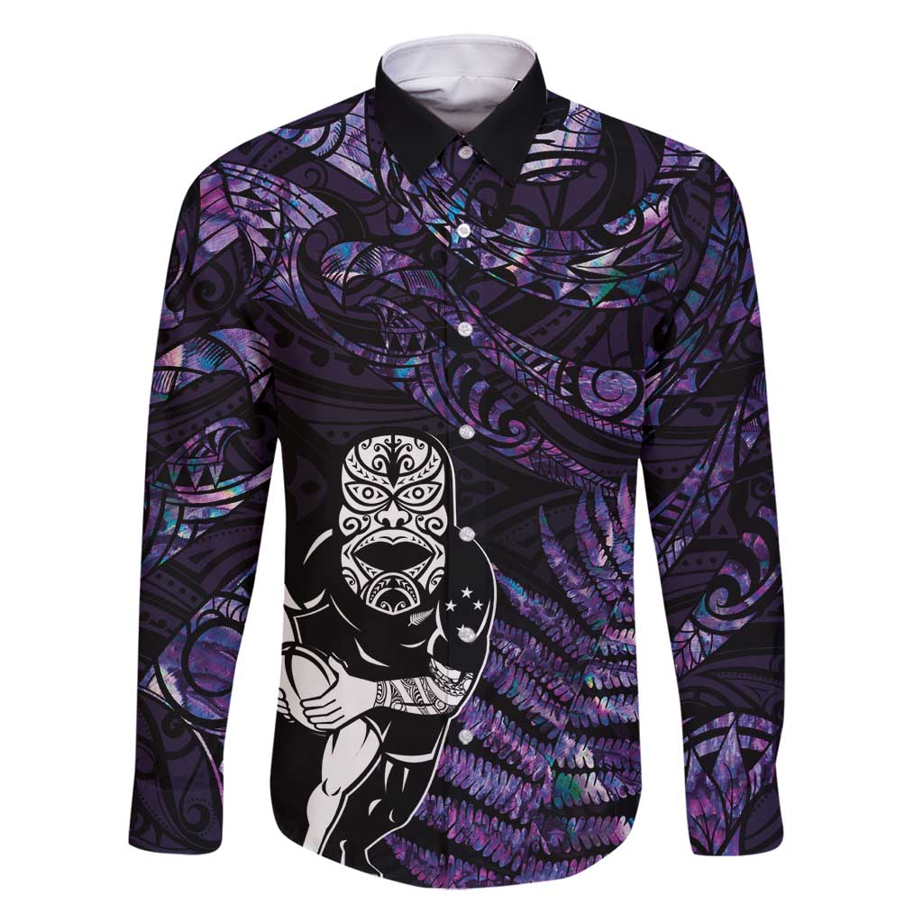 New Zealand Maori Rugby Personalised Family Matching Mermaid Dress and Hawaiian Shirt Ta Moko Silver Fern - Paua Purple LT7 Dad's Shirt - Long Sleeve Purple - Polynesian Pride